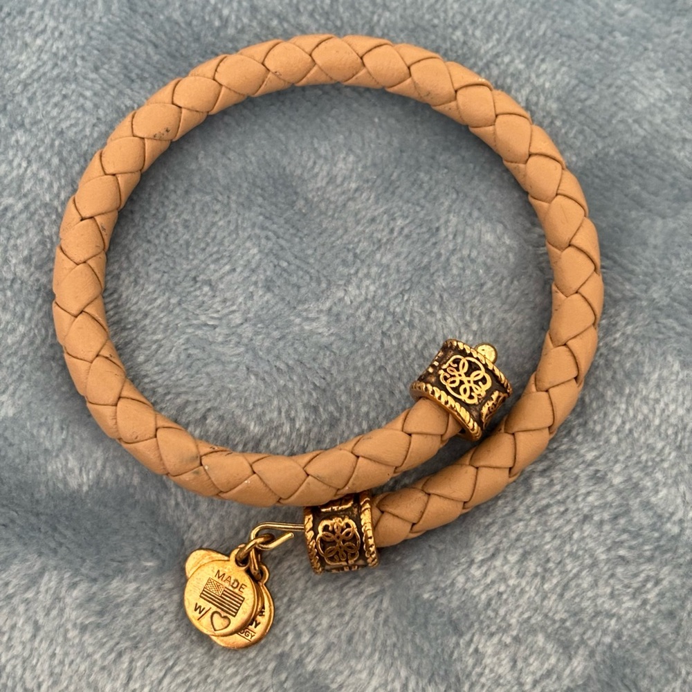 Alex and Ani vintage leather wrap bracelet in tan with gold accents